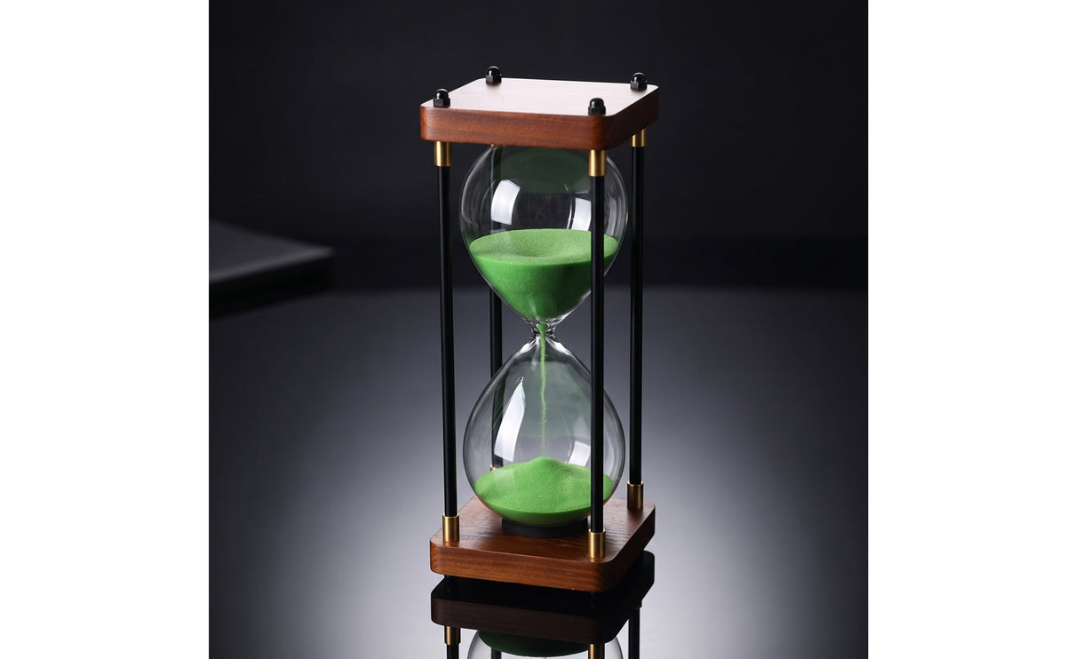 Decorative Glass Hourglass with Wooden Base Vintage-Inspired Tabletop Hourglass Timer Elegant Retro Sand Glass Antique for Students, Readers, Desk, Office, Bookshelf