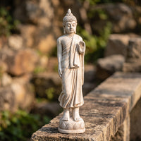 Antique-Style Standing Buddha Statue Textured Buddha Statue with Lotus Pedestal Tall Standing Resin Figurine Sculptural for Buddhists, Practitioners, Meditation Corner, Tea Room, Courtyard, Temple