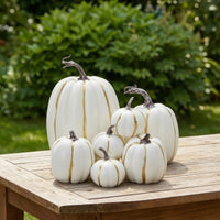 7 Pieces Fake Pumpkins with Gold Stripes Autumn Artificial Pumpkin Arrangement Seasonal Decorative Pumpkins for Party Hosts