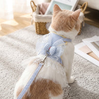 Cat Harness and Leash Set, Princess Dress Cat Walking Harness with Skirt and Bow, Non-Retractable Leash for Outdoor Walking Gear, Pink