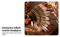 Fan-Shaped Feather Headdress Brown Base Feather Headpiece Crosshatch Lacing Native Style Headdress Spotted Feathers for Stage, Party