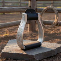 Heavy Duty Engraved Leather Stirrup Polished Finish Western Saddle Stirrups Long-Lasting Construction Engraved Stirrups Equestrian Stability for Cowboys, Riders, Ranch Riding