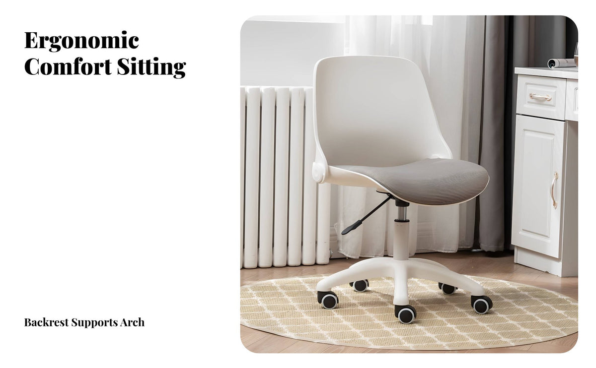 Foldable Backrest Armless Rolling Task Chair Height Adjustable Armless Rolling Stool 360-Degree Swivel Office Furniture Space-Saving for Students, Home Workers, Adults, Study Room, Bedroom, Small Areas, Vanity
