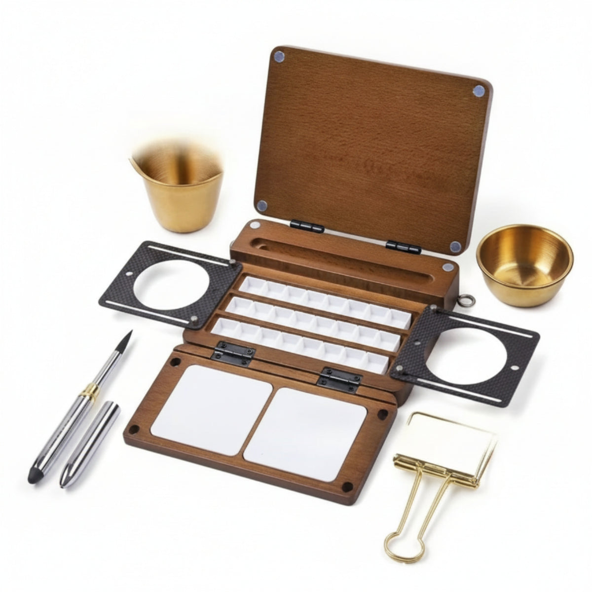 Fold-out Portable Paint Box with Mixing Plates Compact Wooden Paint Box Sturdy Palette Travel-Friendly for Artists, Painters, Sketchers, Outdoor Painting, Studio