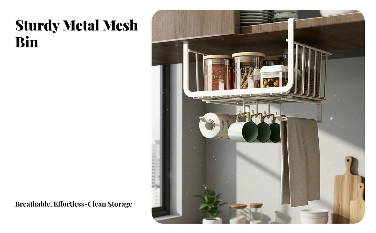 Space-Saving Under-Shelf Hanging Basket No-Drill Installation Insert-in Wire Basket Multi-Purpose Cabinet Organizer Heavy-Duty for Students, Homeowners, Office Workers, Kitchen, Dorm Room, Pantry, Bookshelf