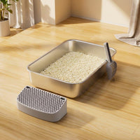 Cat Litter Tray with Ladle and Mat, Stainless Steel Flat Bottom Open Pan for Big Cats, Easy Clean Square Basin Large Tray