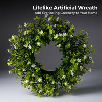 Artificial Eucalyptus Wreath Front Door, Spring Summer Door Wreath for Year Round Decor, Lifelike Greenery Wreath with White Flowers for Home