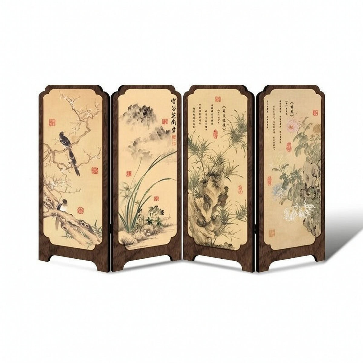 Wood-Framed Tabletop Screen with Base Supports Oriental Foldable Mini Screen Freestanding Decor Miniature for Entryway Console