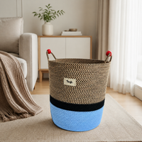 Brown and Blue Toy Storage, Rope Storage Basket for Playroom & Nursery, Braided Woven Laundry Hamper, Decorative Washing Basket