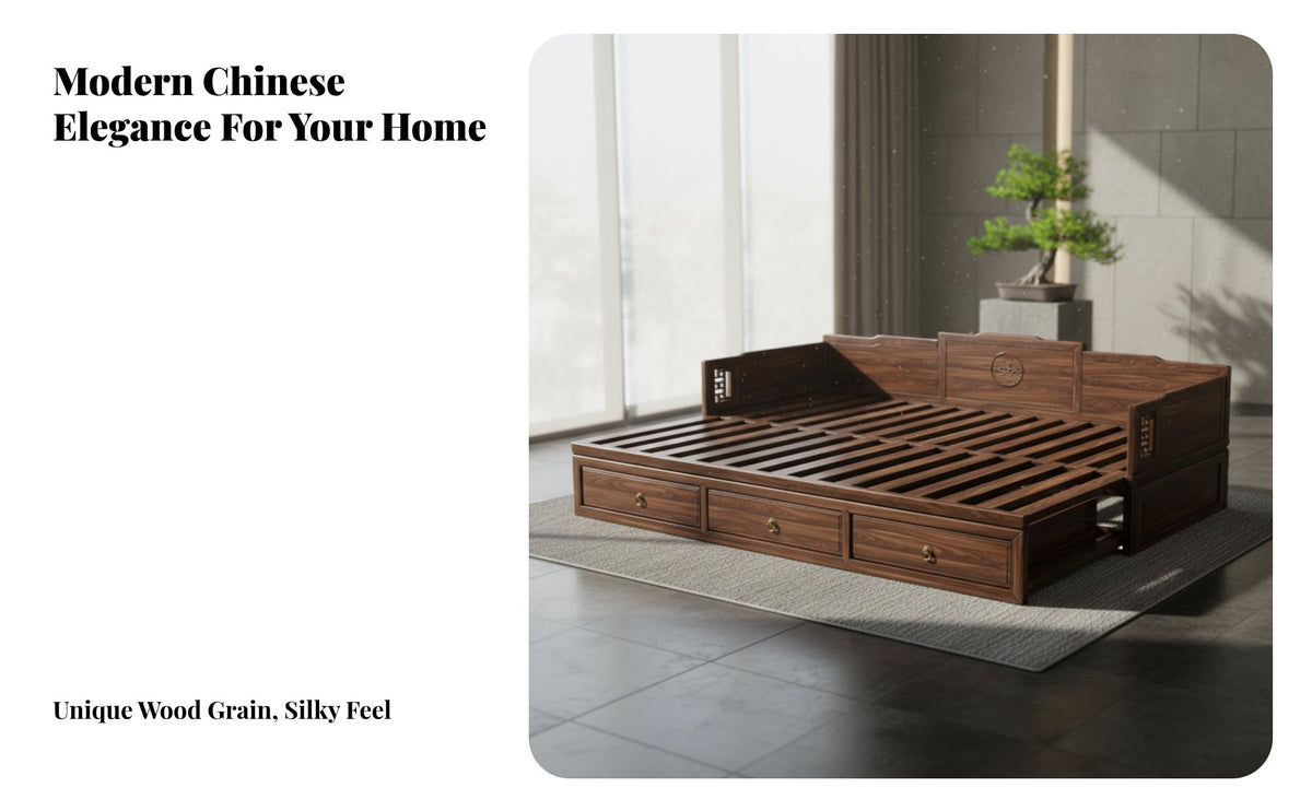Extendable Classic Bed Multifunctional Solid Wood Storage Sofa Bed Space Saving Walnut Daybed with Drawers for Guests, Adults, Living Room, Sleepovers