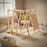 Wooden Climbing Frame with Swing Wood Indoor Jungle Gym Freestanding Indoor Playground with Slide for Kids, Young Children, Playroom