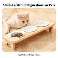 Anti-Tipping Triple Ceramic Pet Bowl with Wooden Stand Easy to Clean Elevated Cat Bowl Set Microwave Safe for Multiple Pets, Small Dogs