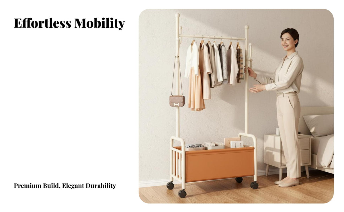 Lockable Casters Rolling Clothes Rack Easy Mobility Rolling Clothes Rack with Storage Space-Saving Mobile Coat Stand with Basket Multi-Functional for Apartment Dwellers, Homeowners, Students, Bedroom, Small Areas, Entryway, Dorm Room