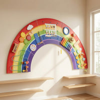Large Rainbow Play Board Child-Centered Busy Board with Xylophone Multicolor Sensory Wall Panel Space-Saving for Toddlers, Playroom, Classroom