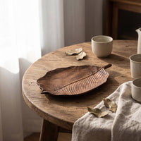 Wooden Leaf Design Tray Walnut Wooden Tray with Carved Texture Handmade for Hosts, Decorators, Tea Time, Tabletop Styling