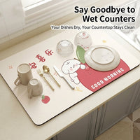 Dining Table and Sink Absorbent Mat for Kitchen Countertops, Quick Dry Stone Dish with Wooden Base for Household Use