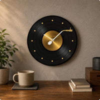 Vinyl Records Wall Clock Reinforced Glass Music Themed Wall Clock Gold-Tone Timepiece for Indoor