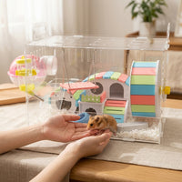 Transparent Hamster Cage Villa, Large Acrylic Multi Level Habitat for Dwarf Pet Mice, Interactive Hamster Cage with Wheel and Ramp Accessory