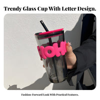 Chic Glass Straw Cup Reusable Sipping Tubes Monogrammed Glass Cup with Lid and Straw Great Gift for Students, Teachers, Gifting, Home