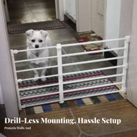 Drilltool-Less Installation Retractable Dog Gate Adjustable Size Expandable Pet Gate Easy to Install Household Barrier Space-Saving for Renters, Homeowners, Kitchen, Indoors, Doorways, Hallways