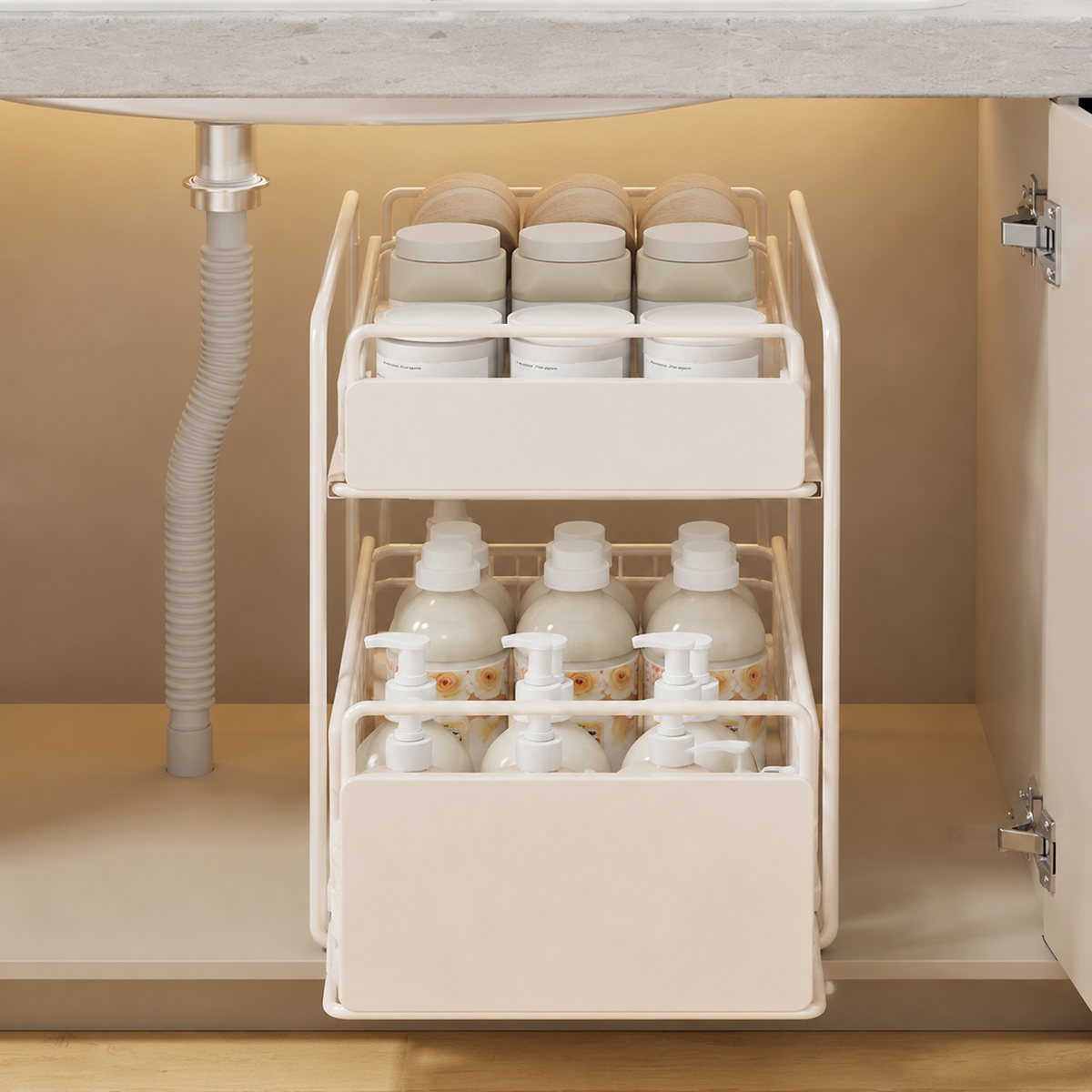 Under-Sink Storage Rack, Slide Rack, 2-Tier, Drawer-Type, Kitchen Storage, Under-Bathroom Sink Organizer, Metal, White