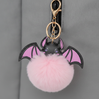 Halloween Colorful Bat Pom Pom Keychain Plush Bag Charm Car Accessory