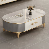 Oval-Shaped Coffee Table Table Modern Coffee Table with Storage Drawer Ribbed Furniture for Living Room, Apartment