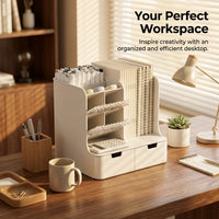 Desktop Organiser with Drawers, Large Capacity Drawer Style for Office, Desk Storage Box with Pen Holder and Compartments