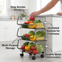 Stainless Steel Kitchen Storage Trolley on Wheels for Vegetables and Fruits, Rolling Bathroom Cart with Removable Baskets