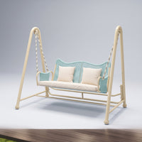 Cushioned Double Swing Chair with Canopy Freestanding Rattan Hanging Chair with Stand Weather-Resistant Furniture Long-Lasting for Couples, Balcony