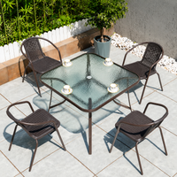 Garden Table Set, For 4 People, Outdoor Table Set, With Parasol Hole, Tempered Glass Top, Metal Frame, Brown