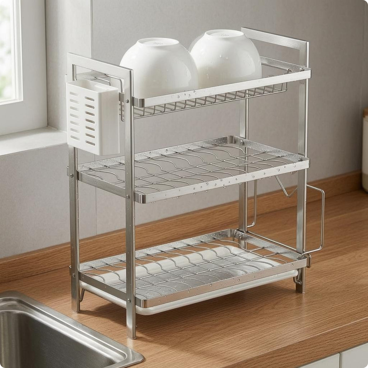 Dish Drainage Rack with Drain Board Rectangular Frame Stainless Steel Dish Drainage Rack Large Capacity Kitchen Organizer