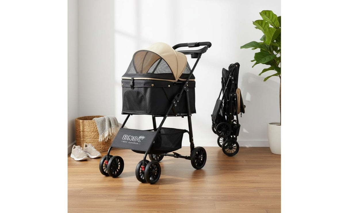 Foldable Folding Pet Stroller Breathable Mesh 4-Wheel Pet Jogger Long-Lasting PU Wheels Collapsible Pet Pushchair Large Space for Elderly Pets