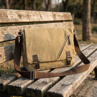 Notebook Bag for Men and Women with Flap Buckle, Canvas School Bag and Crossbody Bag, Satchel with 14-inch Notebook Sleeve, Travel Pack