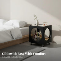 Retro Design Wheeled Cube Table with Cutouts Glass Surface Top Household Furniture Movable Design Rolling Cart Multifunctional for Apartment Dwellers, Office Workers, Living Room, Bedroom, Art Studio, Bathroom