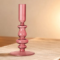Turned Stem Blown Glass Candle Holder Cylindrical Top Glass Taper Candle Holder Wide Base