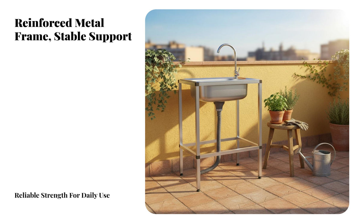 Single Bowl Sink with Stand Reinforced Bracket Freestanding Stainless Steel Sink Rust-Resistant Portable Wash Station for Tenants, Rental Property