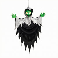 Halloween Hanging Alien Decoration Green Face Sound-Activated Hanging Prop Hooded Ghost Figure Glowing Eyes Spooky Ghost Prop