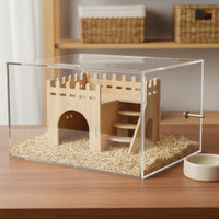 Wooden Hamster House Transparent Acrylic Hamster Cage Accessory Wood Pet Villa for Syrian Hamsters, Enclosure