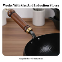 Flat Bottom Wok Even Cooking Chinese Stir Fry Skillet Traditional Chinese Pan Crafted by Hand Cast Iron Wok Ergonomic Wood