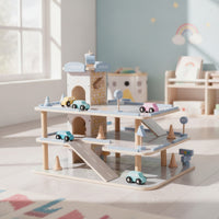 Wooden Parking Garage Multi-Level Wooden Toy Car Garage Pastel Toy Car Ramp Centerpiece for Preschoolers