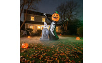 2 Pieces Freestanding Inflatable Skeleton with Pumpkin Head Spooky Inflatable Tombstone with Ghost Outdoor Halloween Inflate Decoration Scary for Lawn
