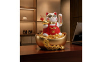 Auspicious Cat Figurine with Raised Paw Gold-Toned with Bowl Welcoming Ornament for Business Owners, Homeowners, Cashier Desk