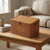 Natural Brown Imitation-Rattan Storage Box Rounded Edges Handmade Lidded Box Handle Openings Rectangular Storage Basket Handwoven