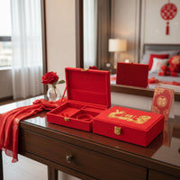 Heirloom-Quality Red Velvet Jewelry Box Multi-Compartment Chinese Wedding Jewelry Box Secure Lock Closure for Bride, Engagement Ceremony