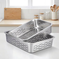 Stainless Steel Colander and Food Strainer, Rectangular Slotted Draining Basket, Sleek Kitchen Vegetable and Fruit Washing Basin