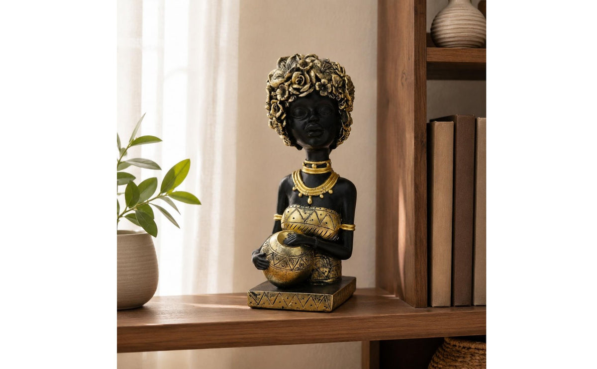 African Woman Sculpture Gold Accents Table Ornament Decorative for Office Desk