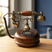 Vintage Corded Desk Phone Wood-Grain Classic Corded Desk Telephone Compact Retro for Office