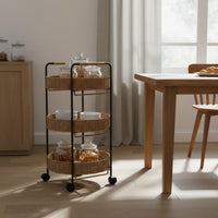 Imitation Rattan Rolling Cart Detachable 3 Tier Basket Shelf Versatile Woven Tiered Rack for Balcony