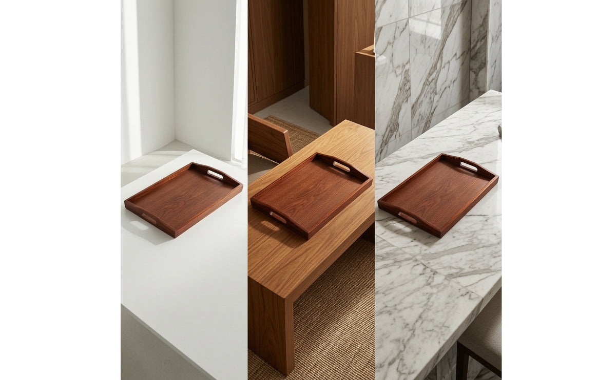 Wooden Serving Tray with Handles Wood-Grain Serving Tray with Handles Sturdy for Breakfast in Bed, Hotel, Restaurant